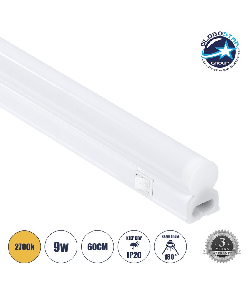 GloboStar® TUBO 60789 Γραμμικό Φωτιστικό Οροφής Linear LED Τύπου T5 Επεκτεινόμενο 9W 864lm 180° AC 220-240V IP20 Πάγκου Κουζίνας με Διακόπτη On-Off Μ60 x Π2.2 x Υ3.5cm Θερμό Λευκό 2700K - Λευκό - 3 Years Warranty